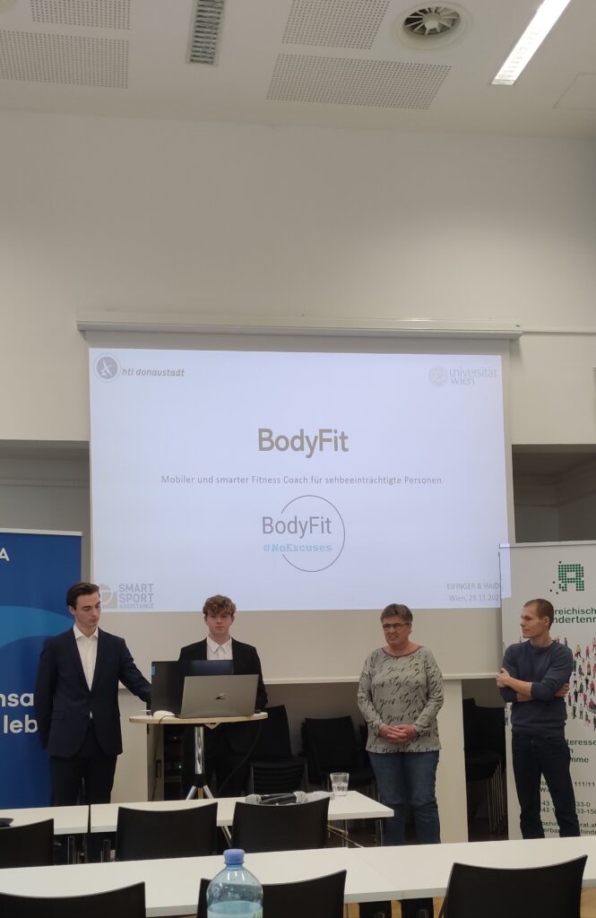 Projektpräsentation des Schüler*innenprojekts "BodyFit" der HTL Donaustadt, dass sich mit der Entwicklung einer barrierefreien mobilen Applikation (App) für ein Krafttraining beschäftigt