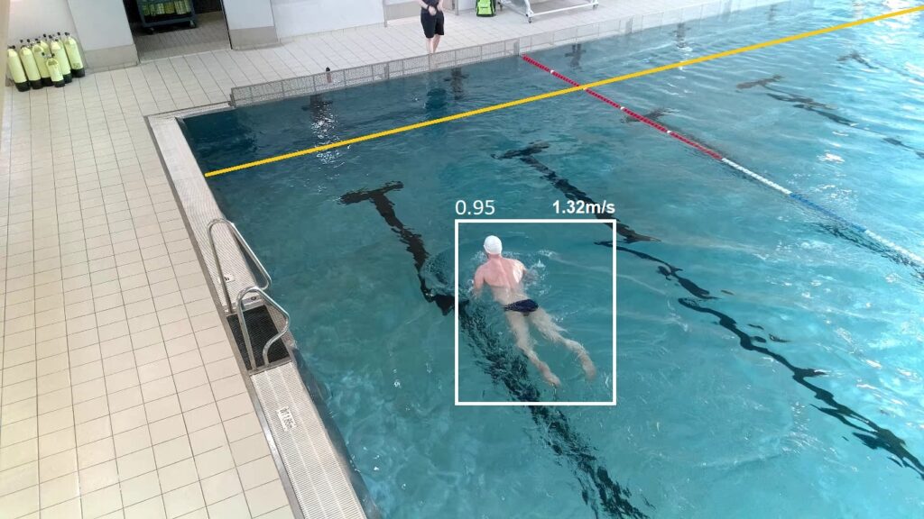 Detection of a swimmer with overlaid object detection rate, current speed and the virtual line
